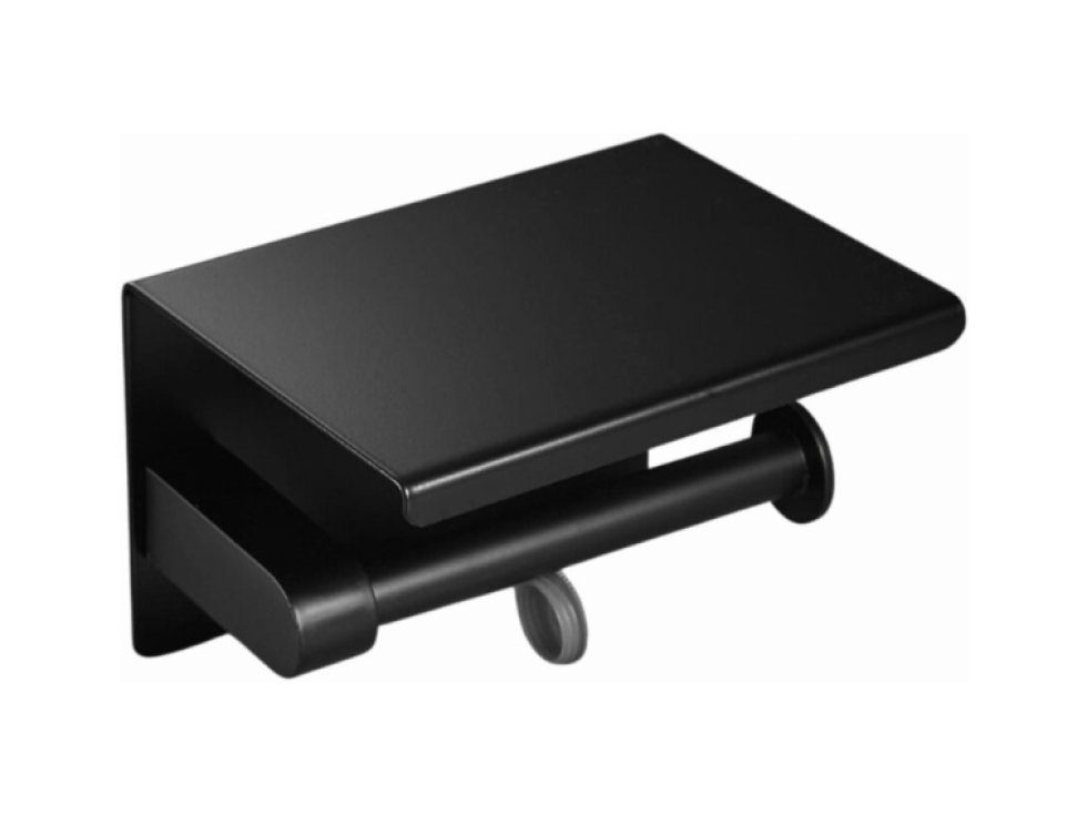 Nástěnný držák toaletního papíru s policí, černý, nerezová ocel, 14x9x7.5 cm