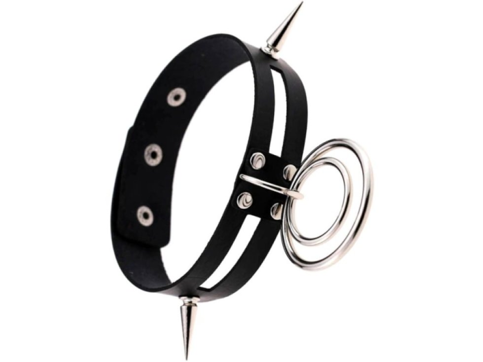 Gotický kožený náhrdelník s kruhy a ostny, černý, šířka 2,8 cm, délka 39 cm