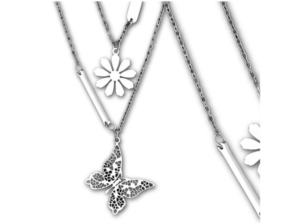 Náhrdelník stříbrný z chirurgické oceli dámský dvojitý květ motýl Dvojitý květinový motýlí náhrdelník z chirurgické oceli