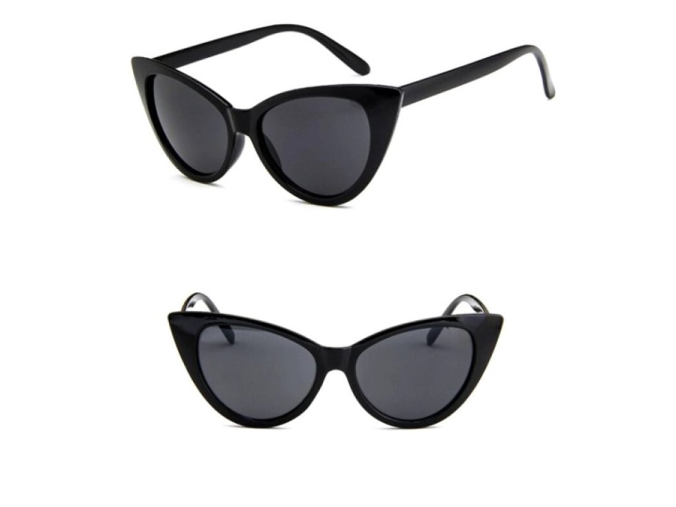 Černé sluneční brýle kočičí oči, UV filtr 400 cat 3, plastový rám, rozměry čoček 42 mm x 52 mm