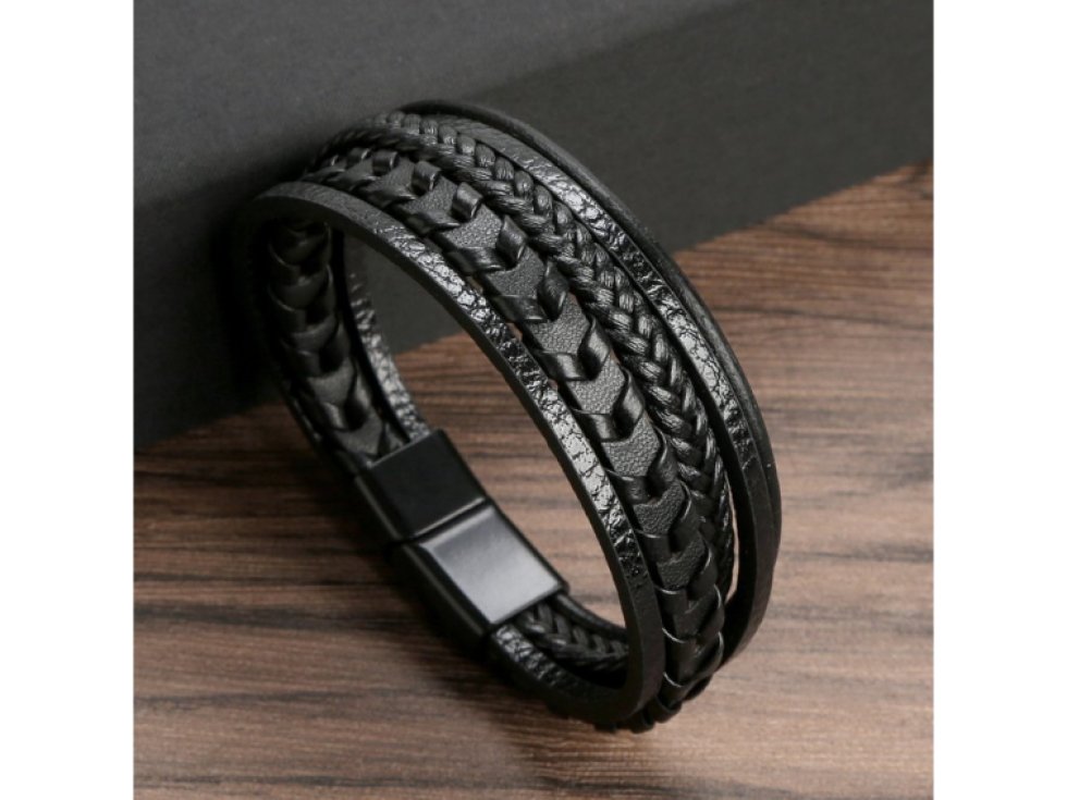 Pánský náramek Adiel, černý, z chirurgické oceli a umělé kůže, obvod 21 cm