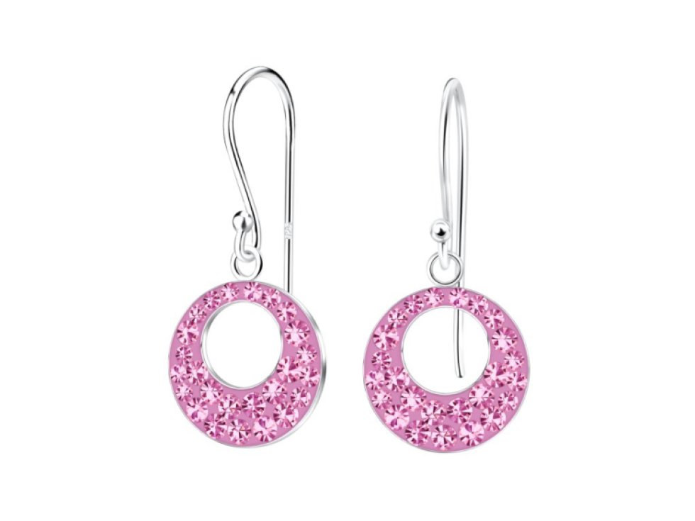 Stříbrné kulaté křišťálové náušnice - Světle růžová