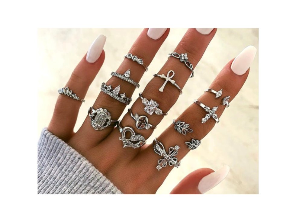 Sada 14 kovových prstenů Punk v antickém stříbrném stylu, šířka 16-18 mm