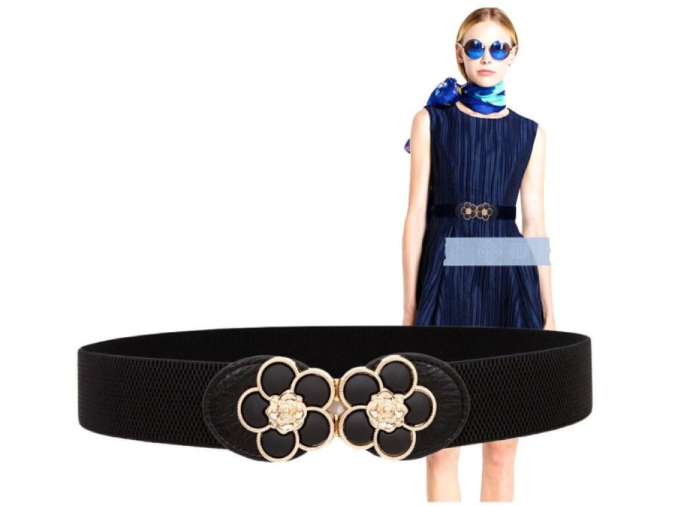 Elegantní Dámský Elastický Pásek na Šaty s Květinovou Přezkou, 64-95 cm, Šířka 3,8 cm, Syntetický Materiál