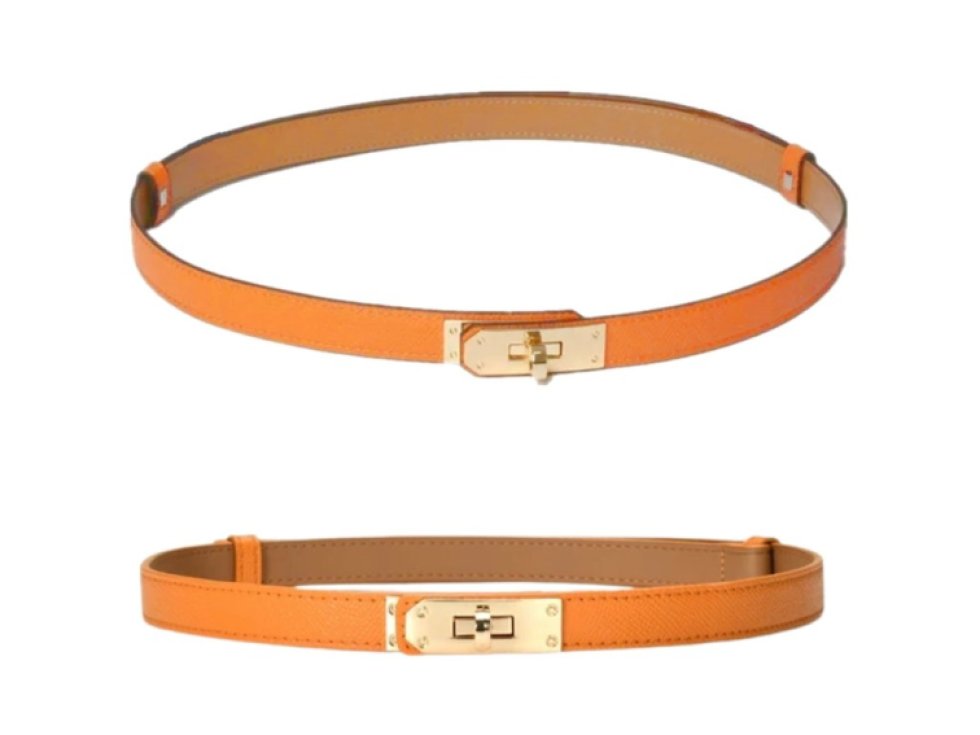 Dámský úzký kožený pásek, zlatá přezka, nastavitelný