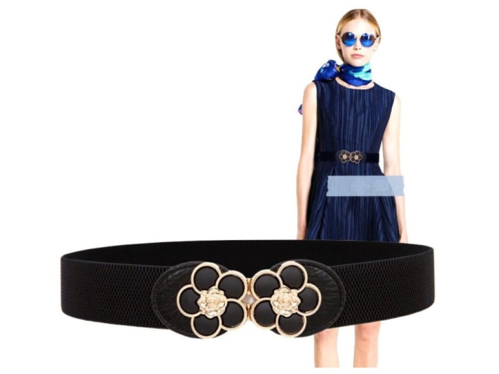 Elegantní Dámský Elastický Pásek na Šaty s Květinovou Přezkou, 64-95 cm, Šířka 3,8 cm, Syntetický Materiál