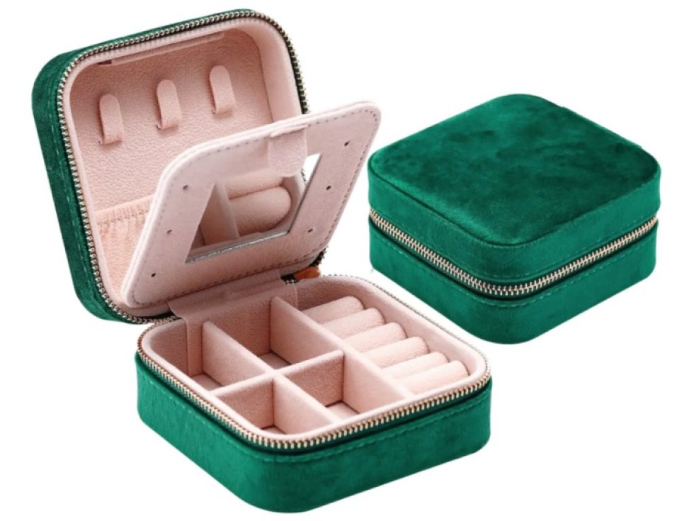 Organizér na šperky s malým zrcátkem, semiš, zelený, 10x10x5 cm