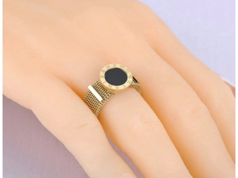 Zlatý prsten z chirurgické oceli 316L s motivem římských hodin, velikost 6, šířka 12 mm