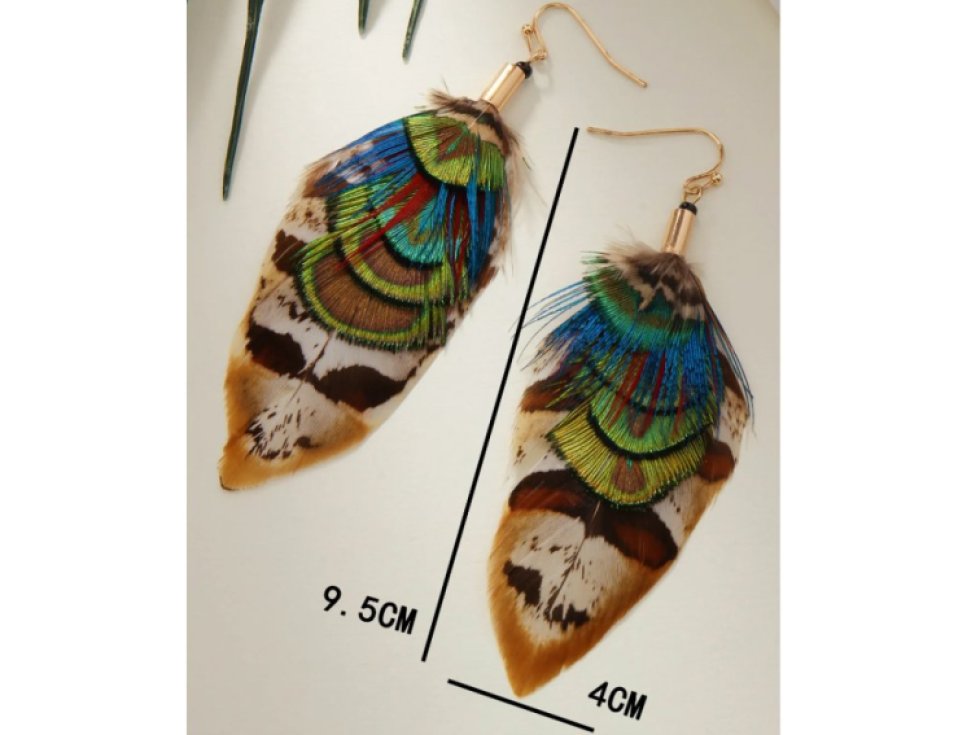 Dámské visací náušnice s peříčky. Paví oko strakaté