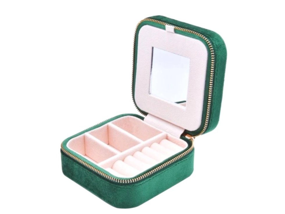 Organizér na šperky s malým zrcátkem, semiš, zelený, 10x10x5 cm