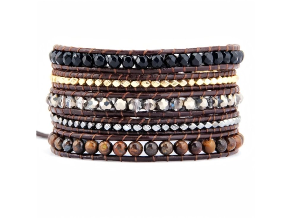 Wrap náramek Černý Achát, Hematit, Mosazné korálky, Unisex