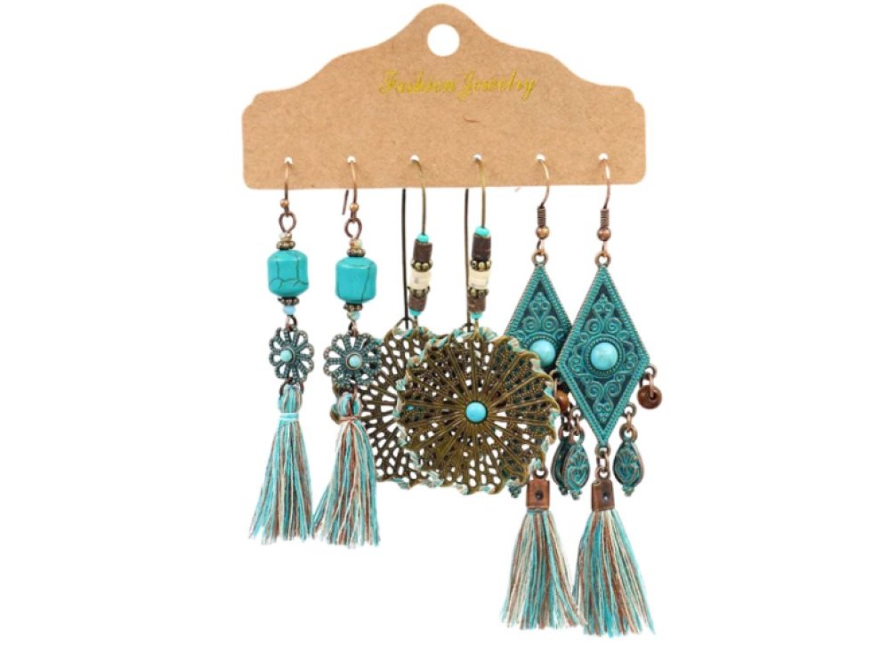 Ručně Malované Etnické Náušnice Boho - Tyrkys II, 3 páry, Rozměry 5-7.5 cm