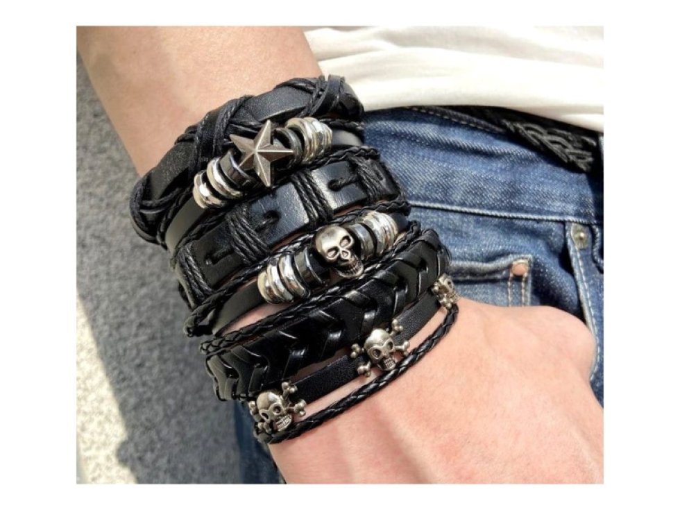 Pánský náramek PUNK set s černými lebkami, kůže a ocel, nastavitelná délka 15,5-16,5 cm