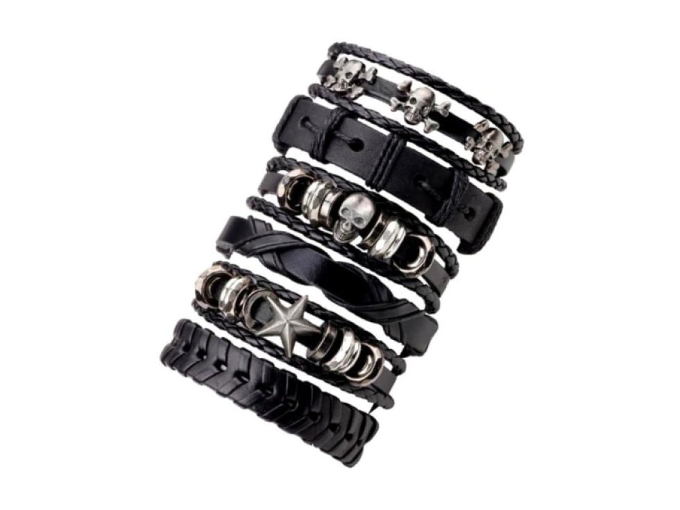 Pánský náramek PUNK set s černými lebkami, kůže a ocel, nastavitelná délka 15,5-16,5 cm