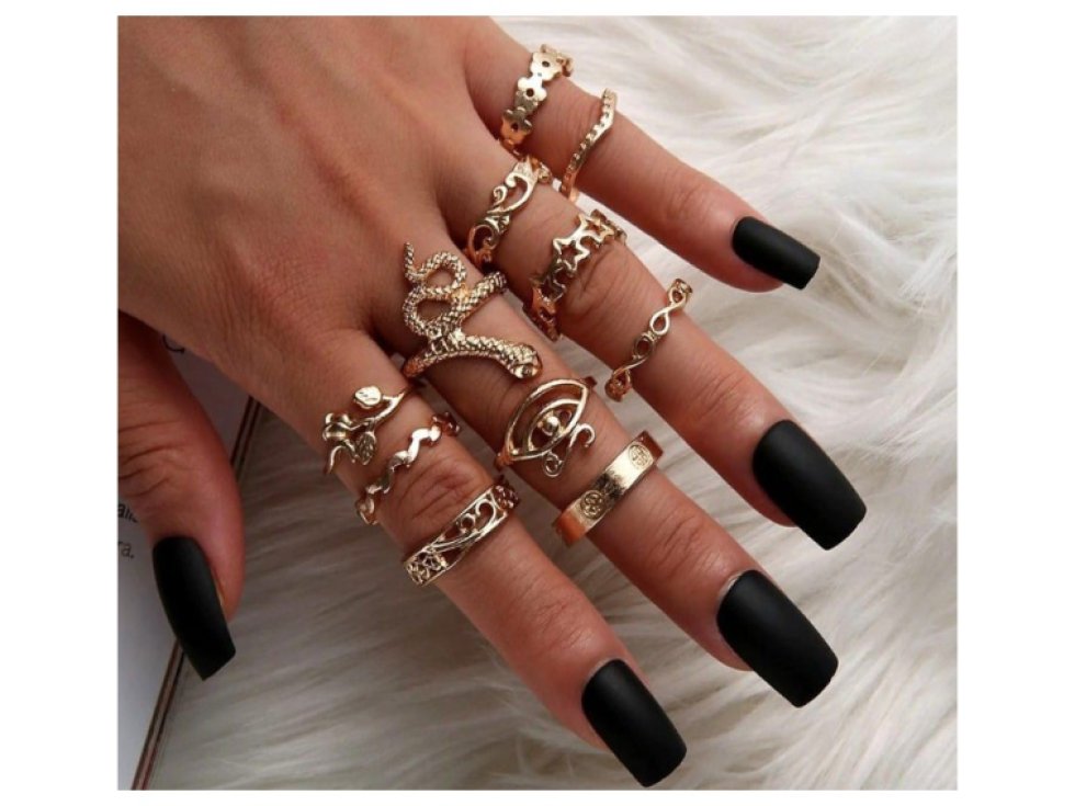 Sada 11 Punk Gothic Retro Prstenů, Zlatá Barva, Kovový Materiál, Velikosti 16-18 mm