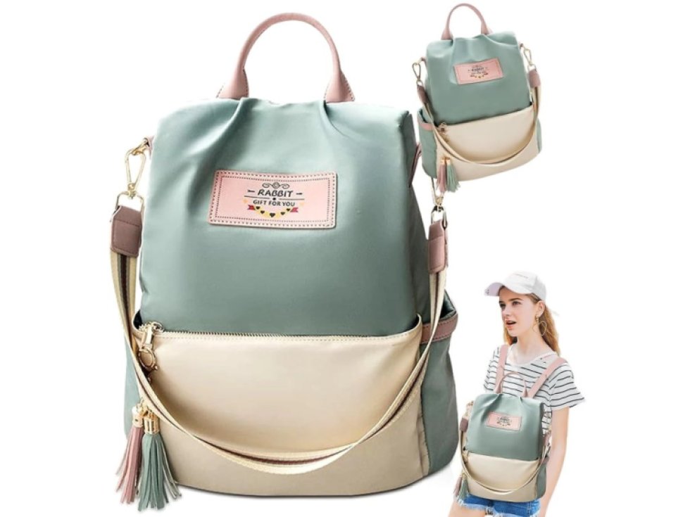 Prostorný Dámský Městský Batoh s Pomponem, Mátová Barva, Syntetický Materiál, 32x31x15 cm