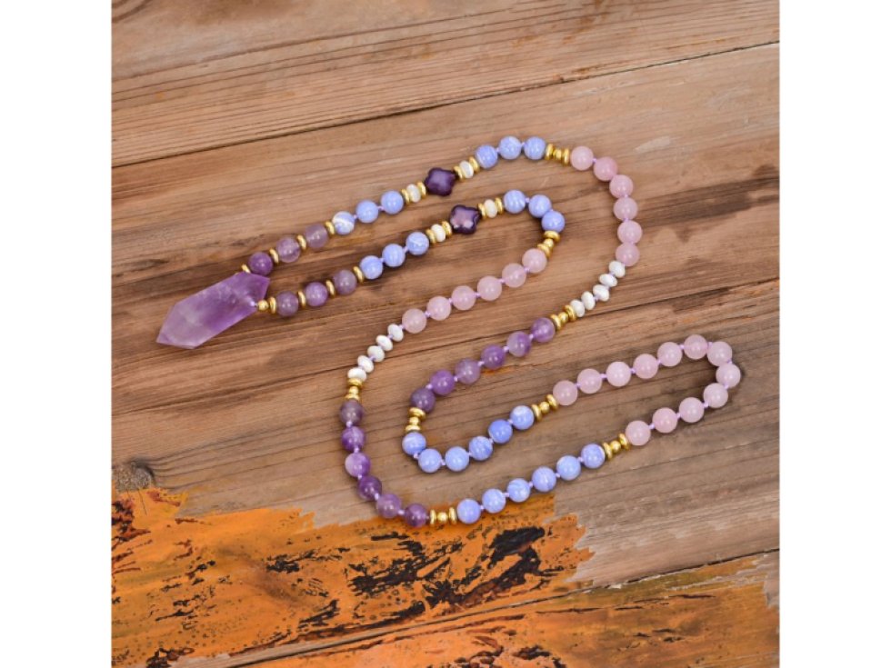 Náhrdelník z pravých kamenů: Ametyst, Achát, Růženín, 85 cm