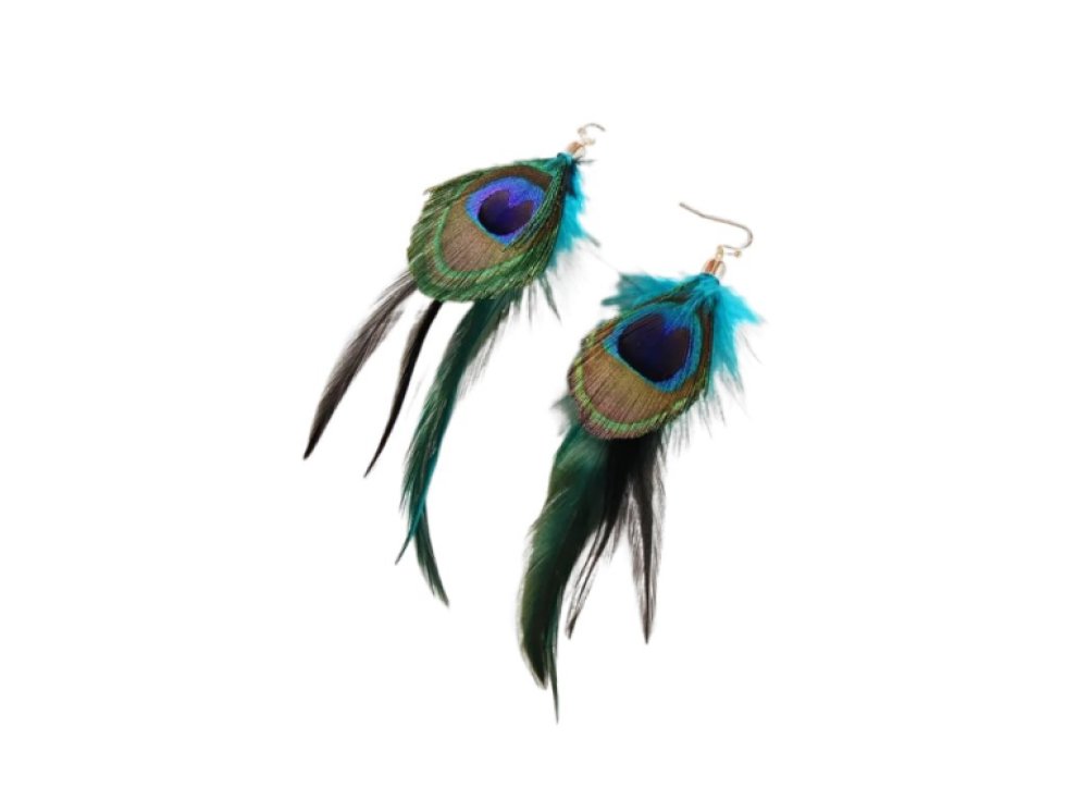 Dámské visací náušnice s peříčky. Paví oko zelené