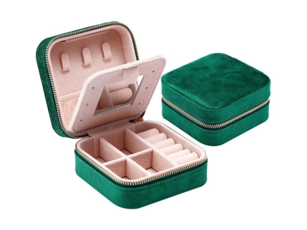 Organizér na šperky s malým zrcátkem, semiš, zelený, 10x10x5 cm