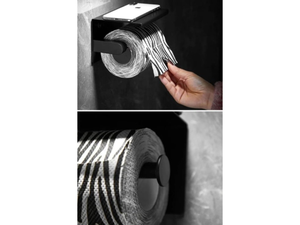 Nástěnný držák toaletního papíru s policí, černý, nerezová ocel, 14x9x7.5 cm