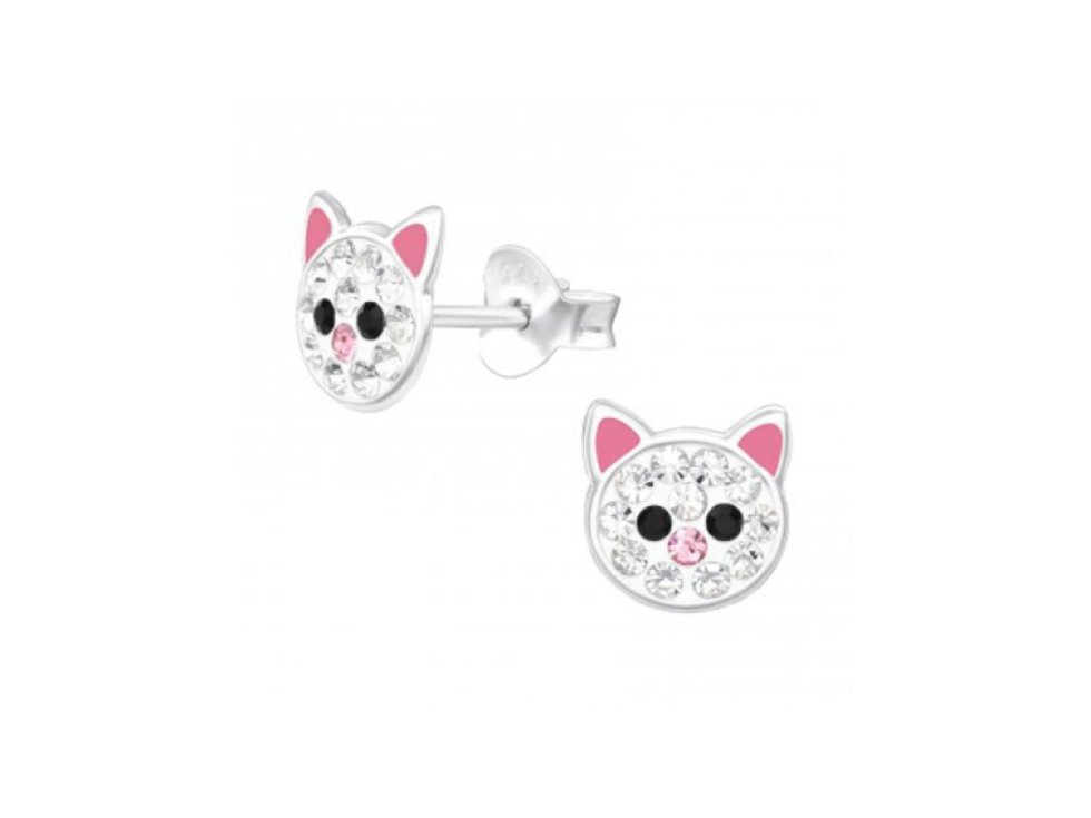 Dětské stříbrné náušnice Kočičky bílé se zirkony