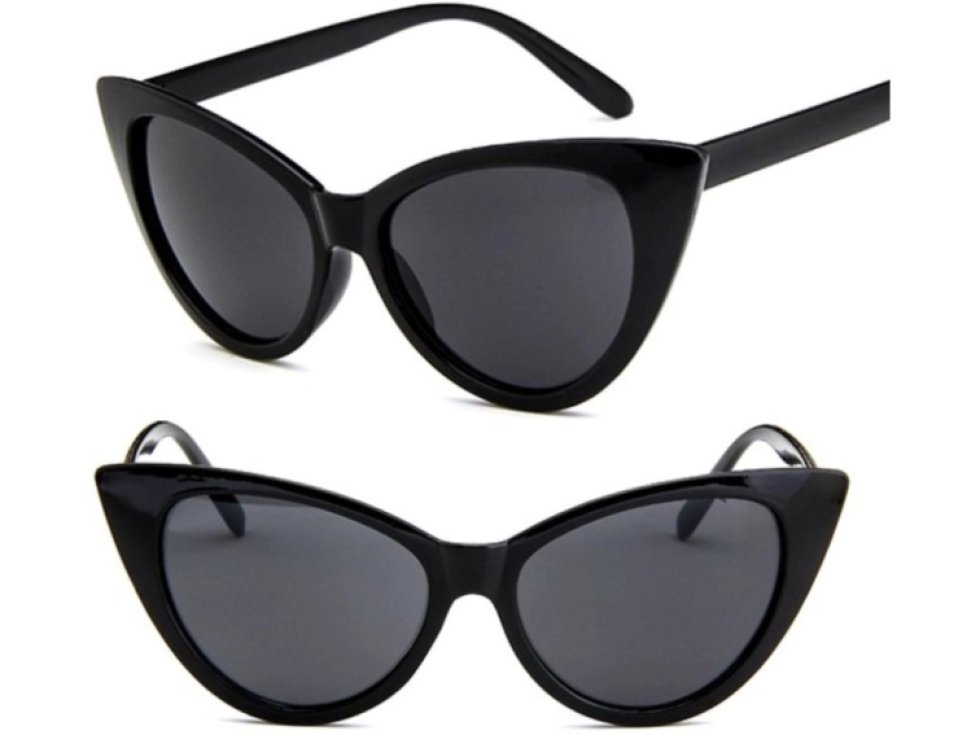 Černé sluneční brýle kočičí oči, UV filtr 400 cat 3, plastový rám, rozměry čoček 42 mm x 52 mm