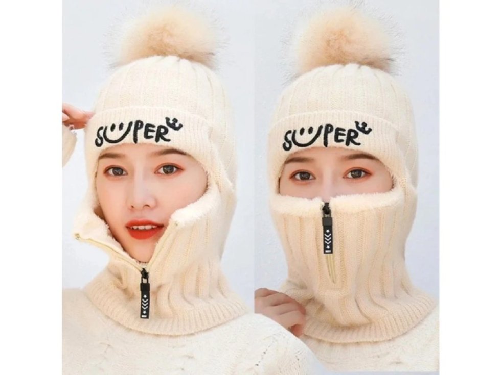 Dámská zimní lyžařská čepice 2 v 1 s kapucí na zip, béžová, univerzální velikost, materiál úplet