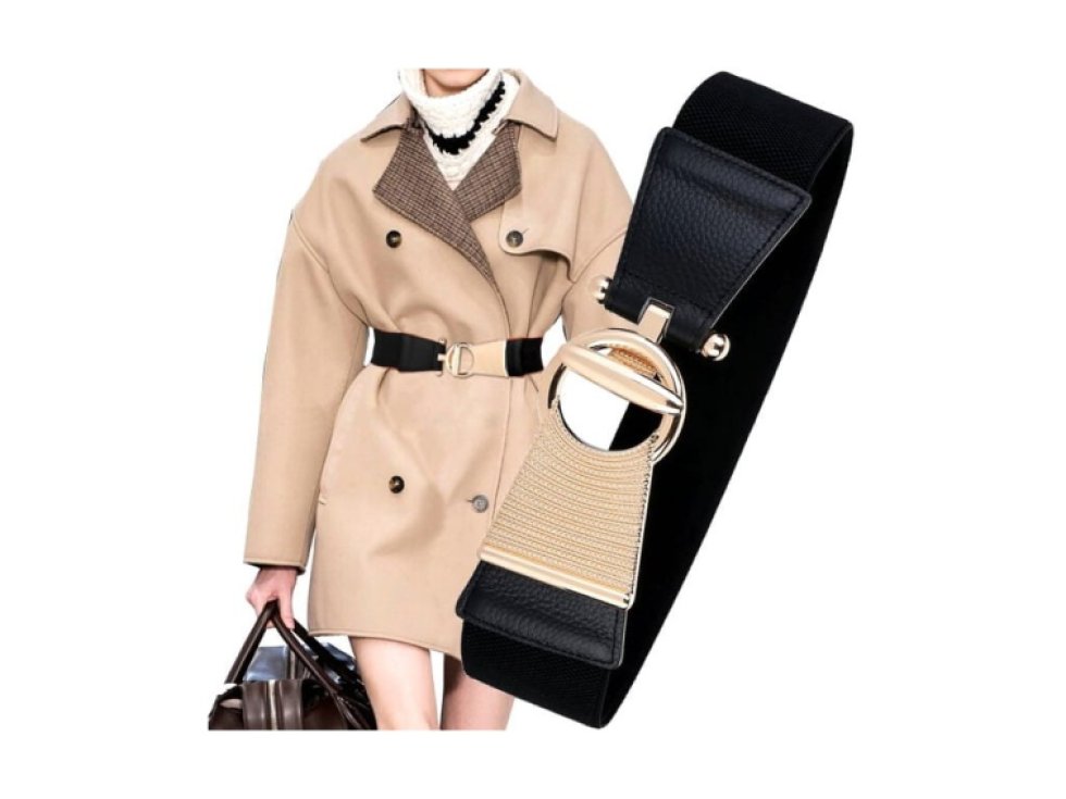 Elegantní Dámský Široký Opasek s Zlatou Sponou, Elastický, Syntetická Guma a Ekokůže, 68-95 cm x 6 cm