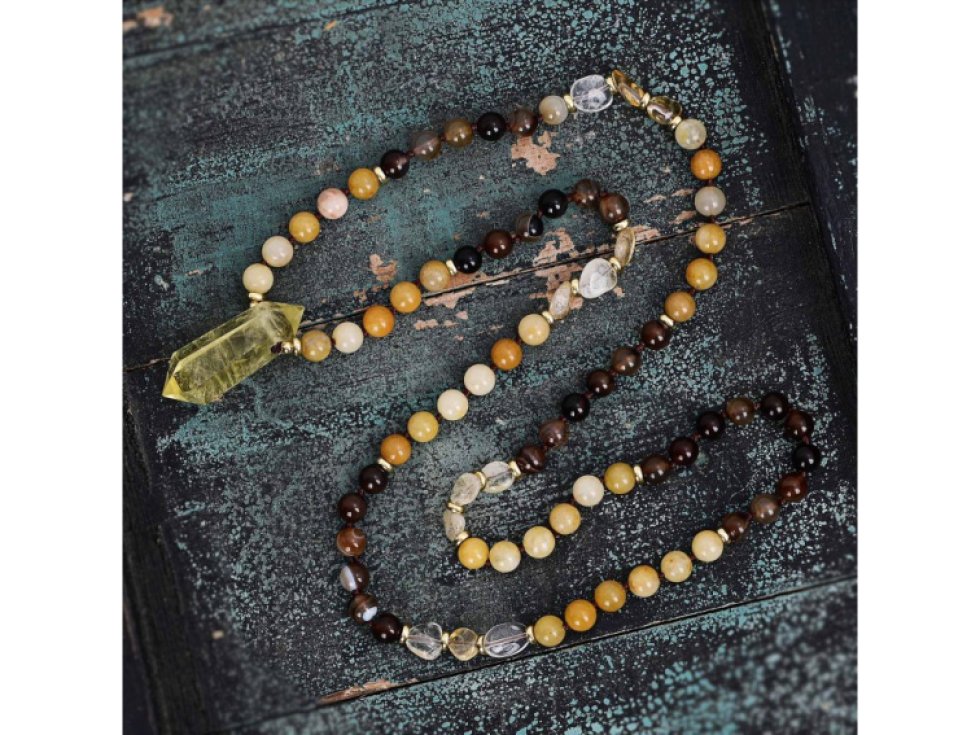 Náhrdelník z pravých kamenů: Žlutý fluorit, žlutý krystal, avanaturín, achát, měď, 85 cm