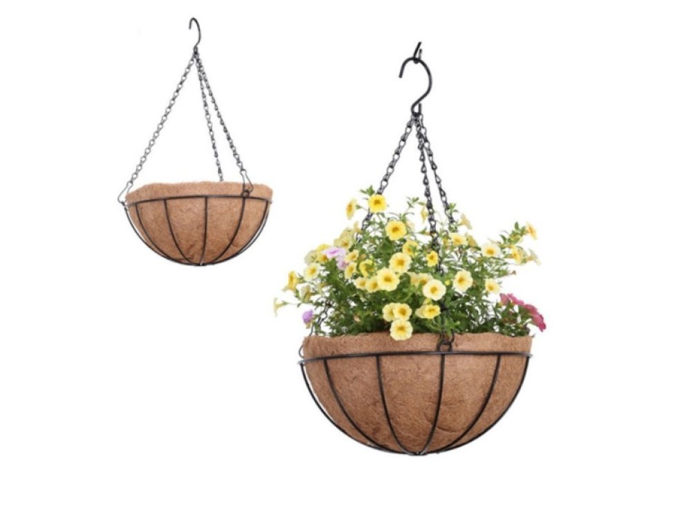 Závěsný koš na květiny - KVĚTINÁČ, černý, ocel, ø30,5 cm s vložkou z kokosového vlákna