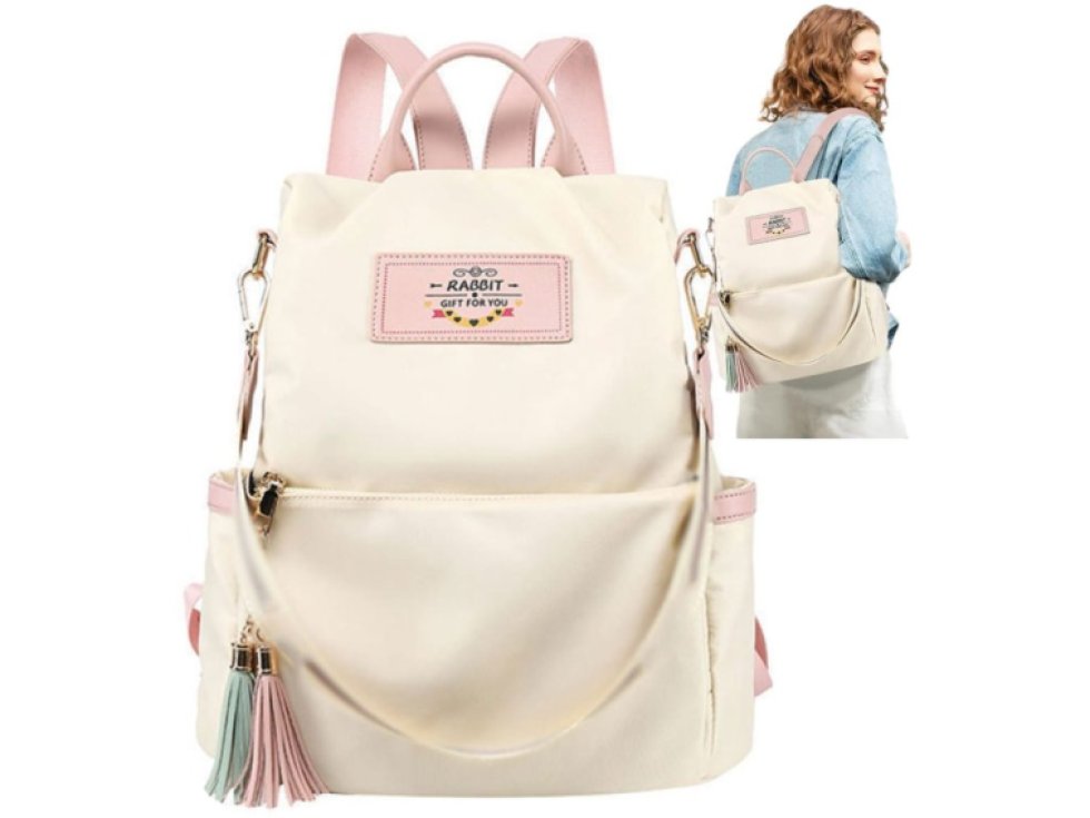 Prostorný Dámský Městský Batoh s Bambulkou, Béžová, Nepromokavá Syntetika, 32x31x15 cm