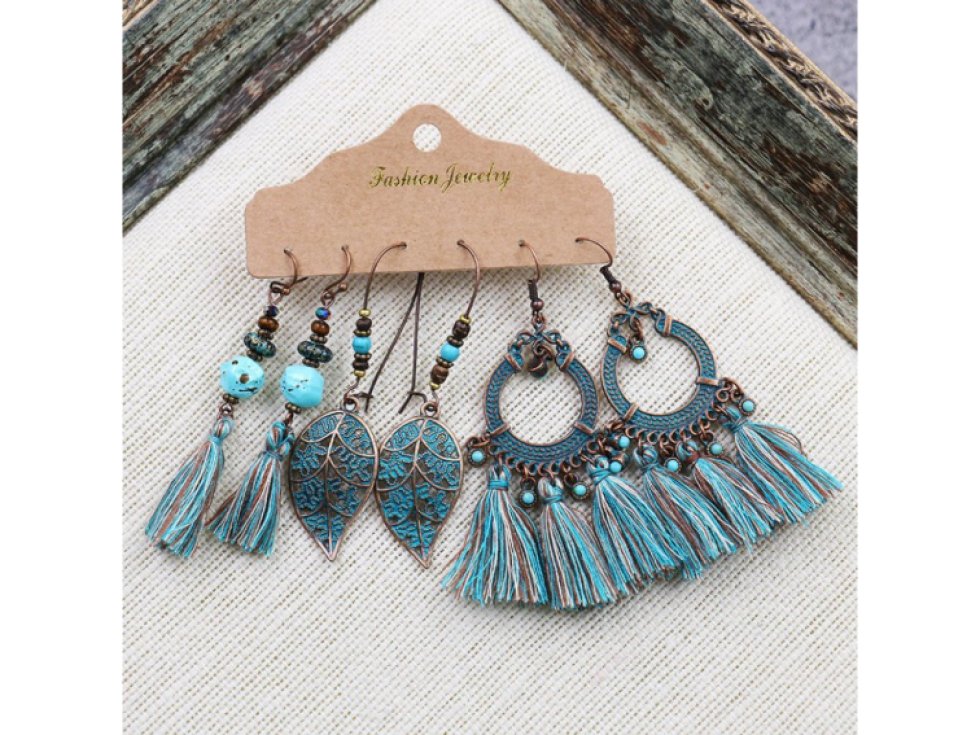 Ručně Malované Etnické Náušnice Boho - Tyrkys I, 3 páry, Rozměry 5-7.5 cm