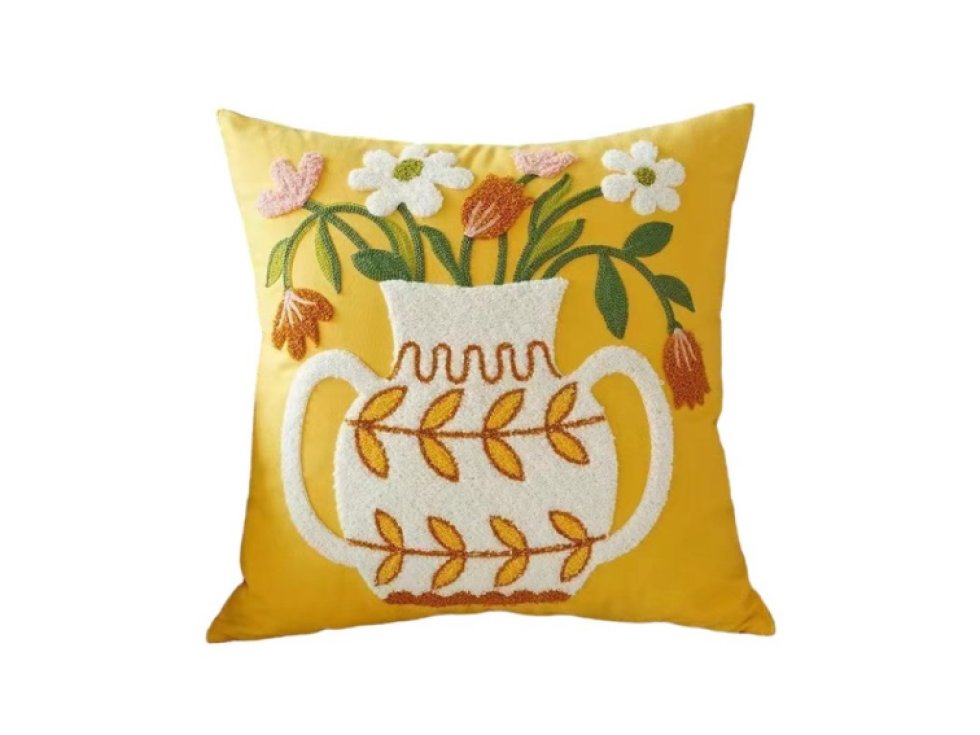 Polštářový Povlak 45 x 45 cm, Žlutý s Motivem Květin, 100% Polyester