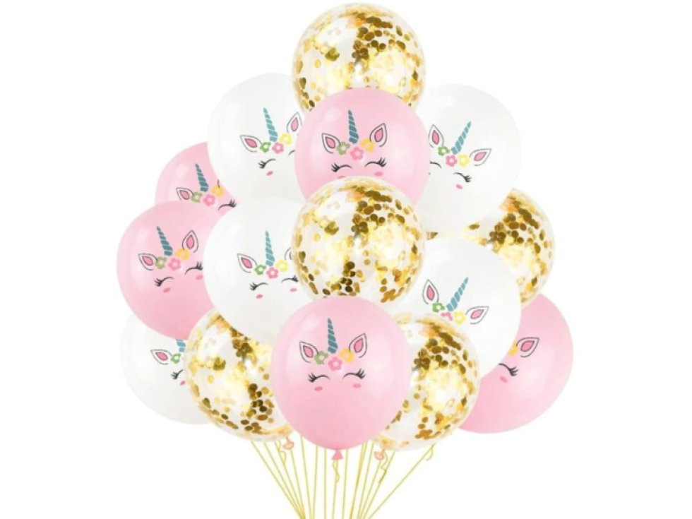 Sada 15 balónků Jednorožec Mix, Bílá/Růžová/Průhledná s Konfetami, Latex, Průměr 30 cm