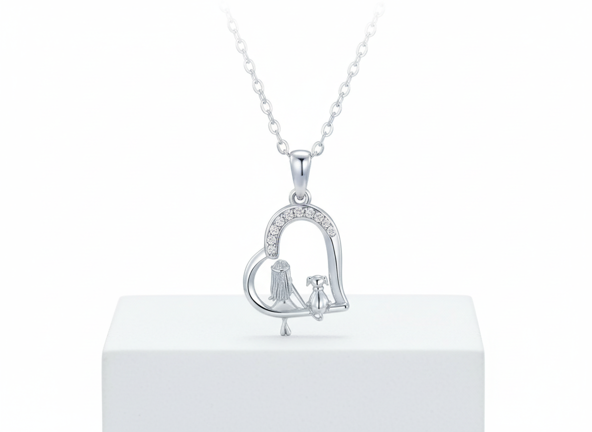 1918 MINET Stříbrný náhrdelník dívka se psem a bílými zirkony