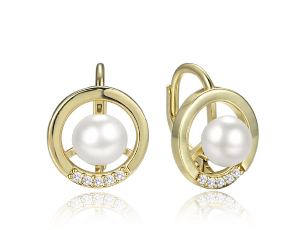 4702 MINET Elegantní pozlacené stříbrné náušnice kroužky s perlou a zirkony