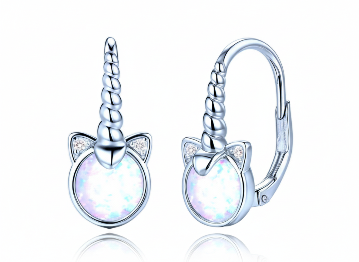 0152 MINET Dětské stříbrné náušnice jednorožci s bílými opály a bílými zirkony