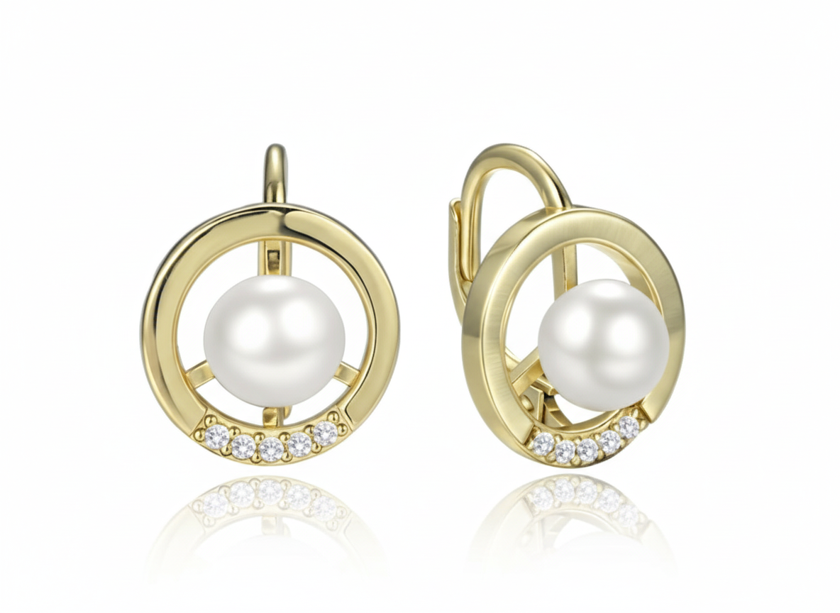 4702 MINET Elegantní pozlacené stříbrné náušnice kroužky s perlou a zirkony