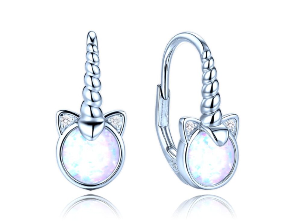 0152 MINET Dětské stříbrné náušnice jednorožci s bílými opály a bílými zirkony