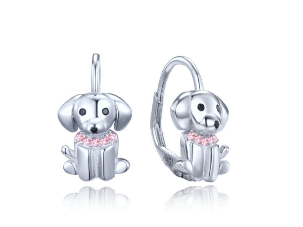 0156 MINET Dětské stříbrné náušnice pejsci s černými a růžovými zirkony