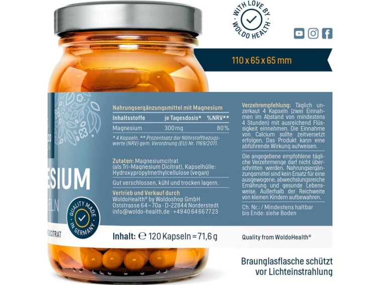 WoldoHealth® Hořčík Tri-Magnesium dicitrát, 120kapslí