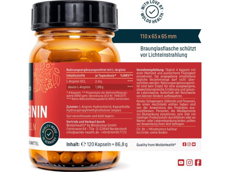 WoldoHealth® L-Arginin HCL, 120kapslí