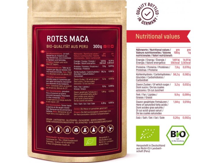 WoldoHealth® Maca červená BIO prášek, 300g