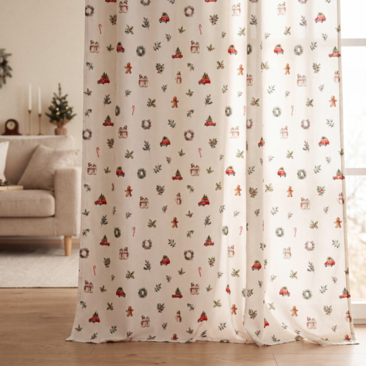 Perkálový bavlněný závěs s řasící stuhou - Vánoční jízda