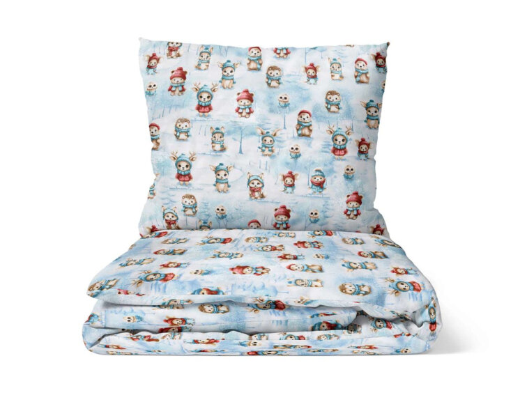 Bavlnená posteľná bielizeň Zvieratká v zime - modré
