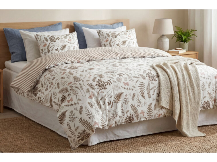 Bavlněné povlečení V kapradinách s pruhem - bílohnědá