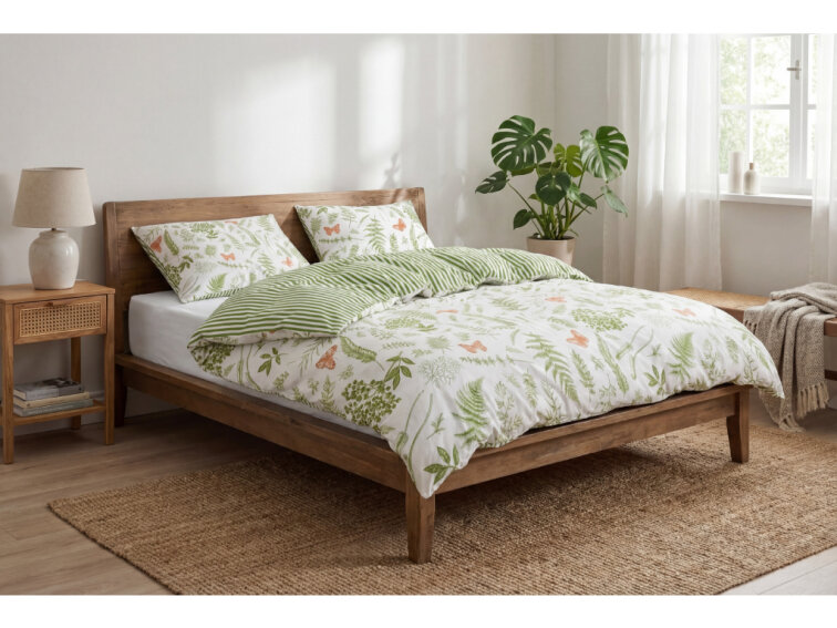 Bavlněné povlečení V kapradinách s pruhem - bílozelená