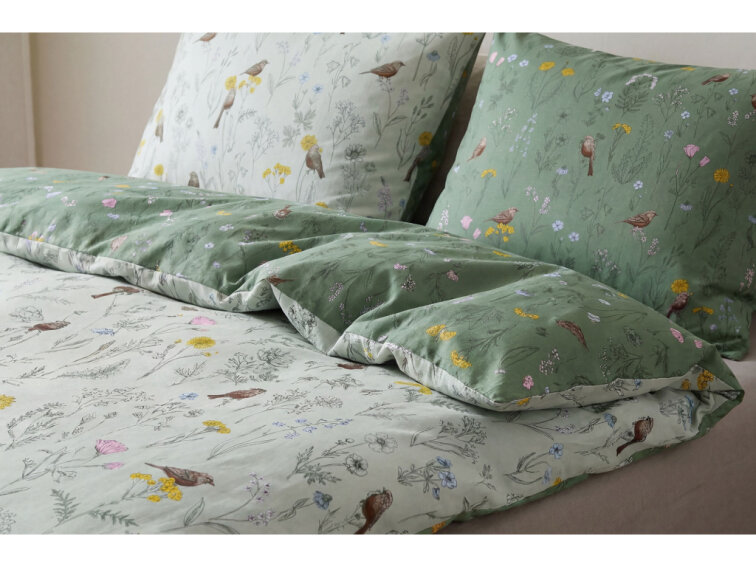 Bavlněné povlečení Ptáčci v kvítí - zelené - duo
