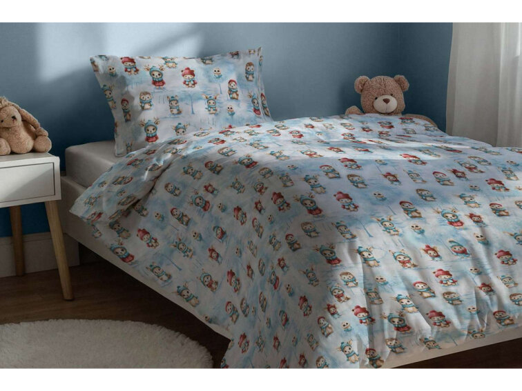 Bavlnená posteľná bielizeň Zvieratká v zime - modré