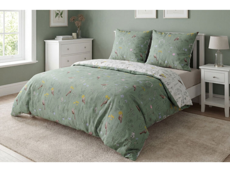 Bavlněné povlečení Ptáčci v kvítí - zelené - duo